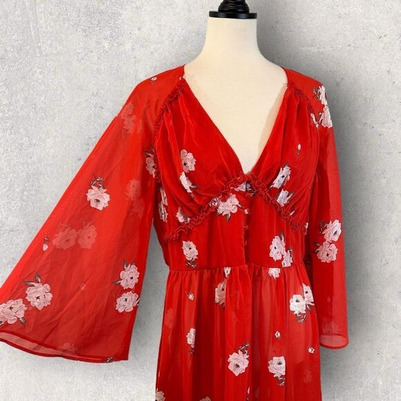 NWT Divided H&M Red Sheer Dress V-Neck Chiffon Floral Print Size 10 - Picture 7 of 11